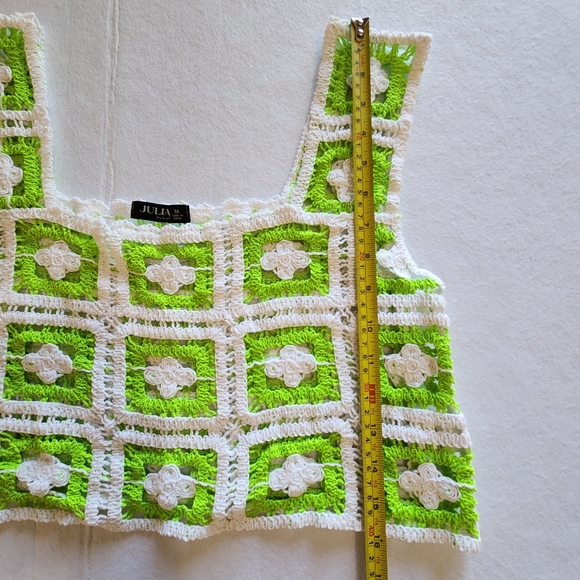 JULIA Cropped Patchwork Crochet Tank Top in Neon Green & White Size Medium - Picture 3 of 9